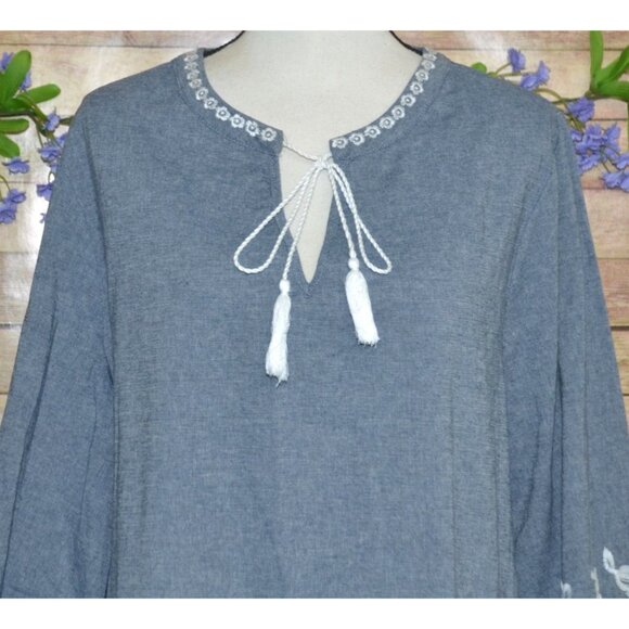 Roaman's Chambray Boho Long Bell Sleeve Pullover Lace Trim Tunic Blouse Size 22W - Picture 2 of 12